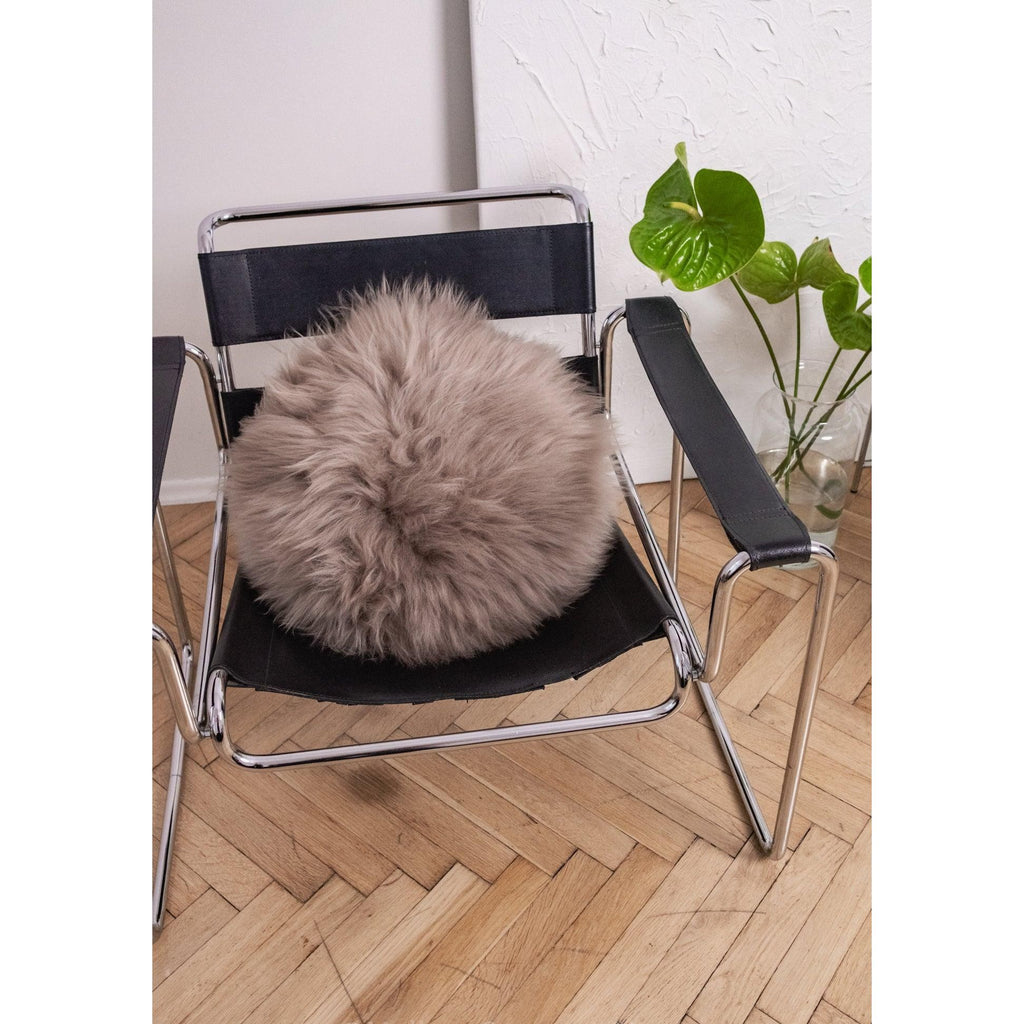 Round Natural Sheepskin Pillow - Greige-0