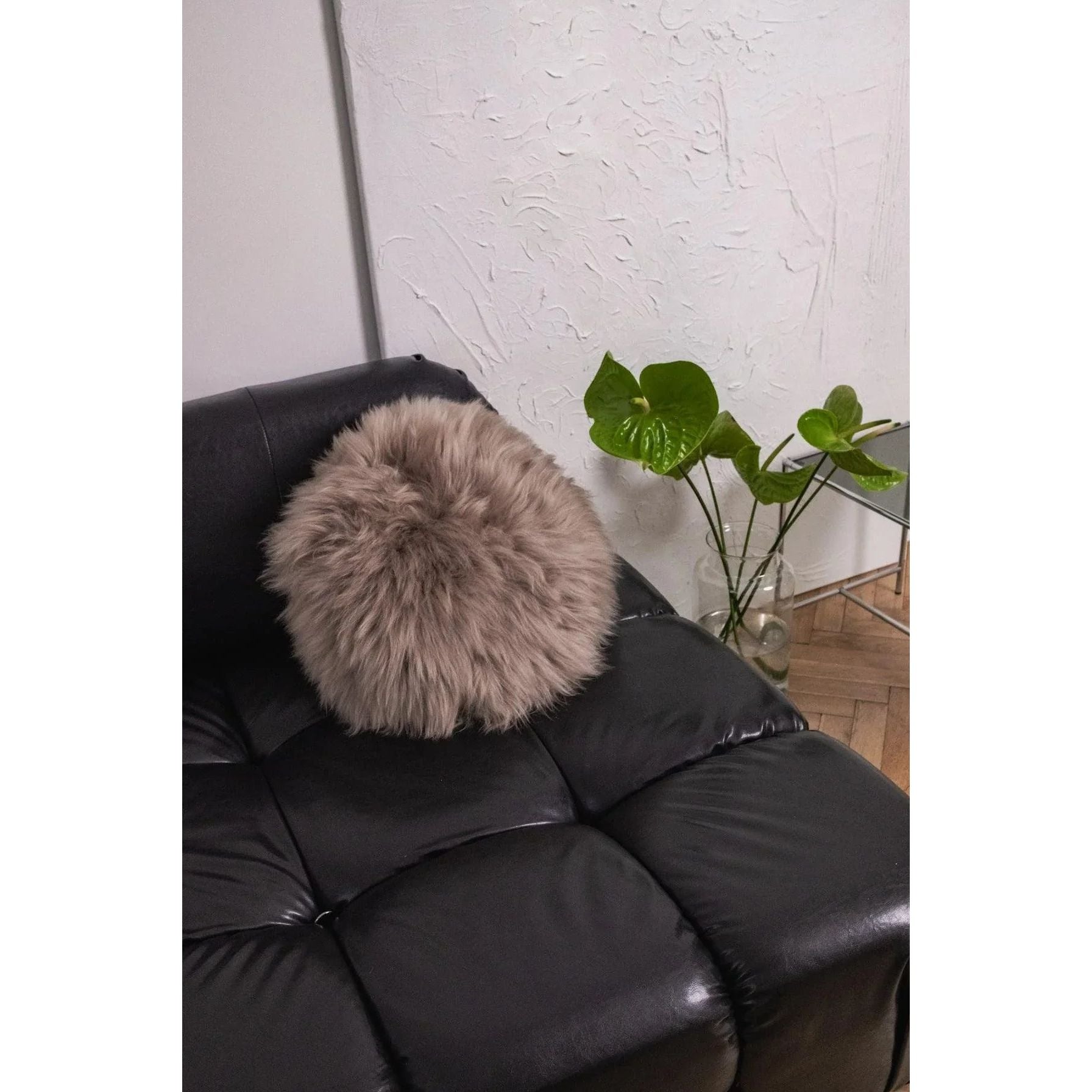 Round Natural Sheepskin Pillow - Greige-3