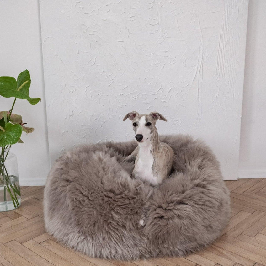 Oval Natural Sheepskin Pet Bed - Greige-1