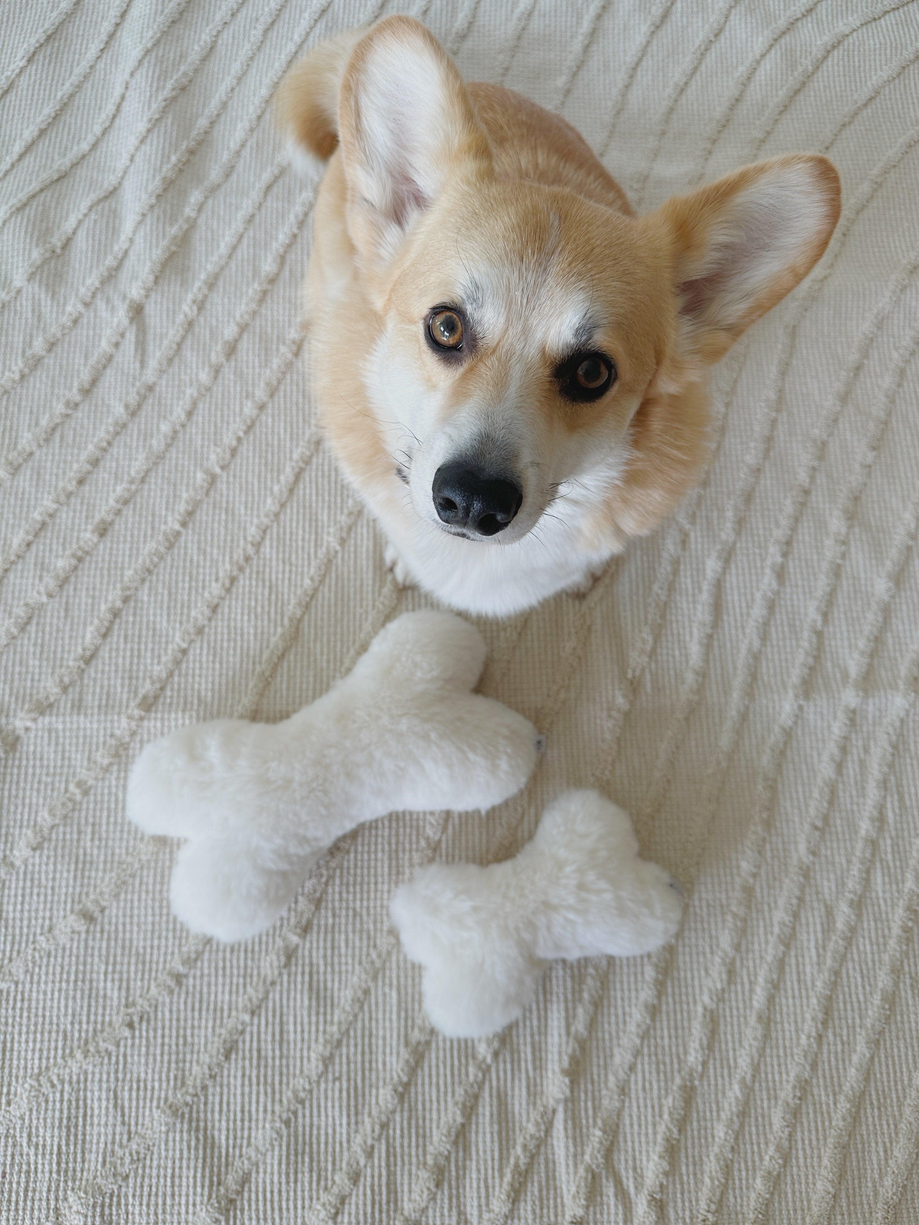 Natural Sheepskin Dog Toy - Bone - White-3